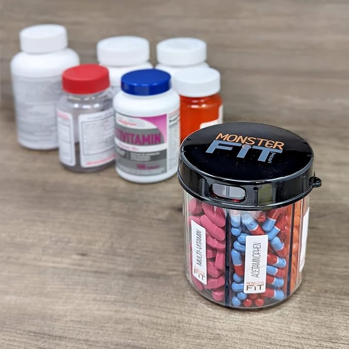 Monster Jr Supplement Pill Dispenser - Holds Small Medium Medication Vitamins and Easily Dispense from One Container Includes Compartment Labels ( 1 Pack)