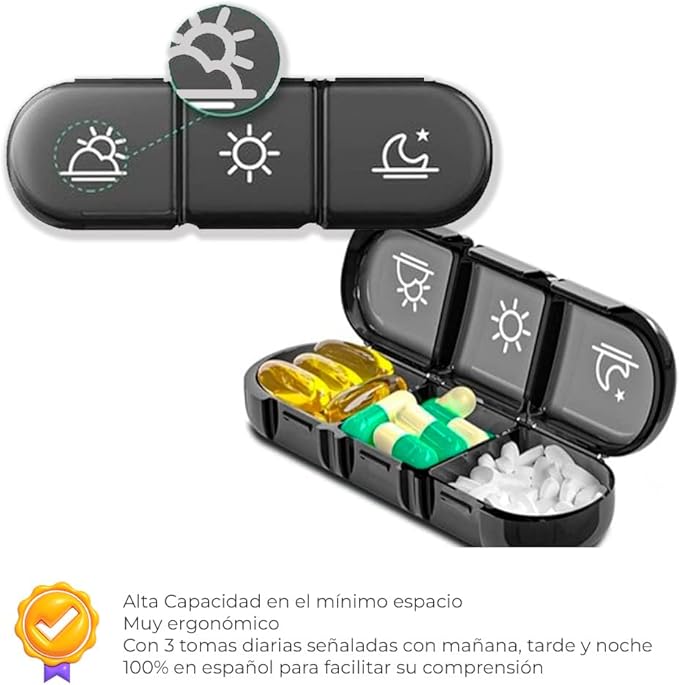 Weekly Pill Box 3 Takes 100% in Spanish – COLOR: BLACK | 7 Individual Pill Boxes for Each Day in Spanish with 21 Compartments (3 Daily Shots) | Travel Pill Organizer | Nexum Market