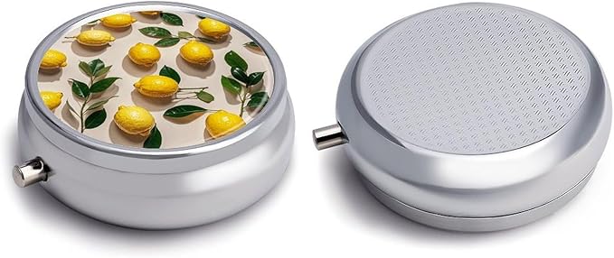 Lemon Pattern Pill Box Travel Pill Case for Purse Pocket Weekly Medicine Organizer with Mirror 3 Compartment Round Medicine Case Portable PillcaseHolder for Daily