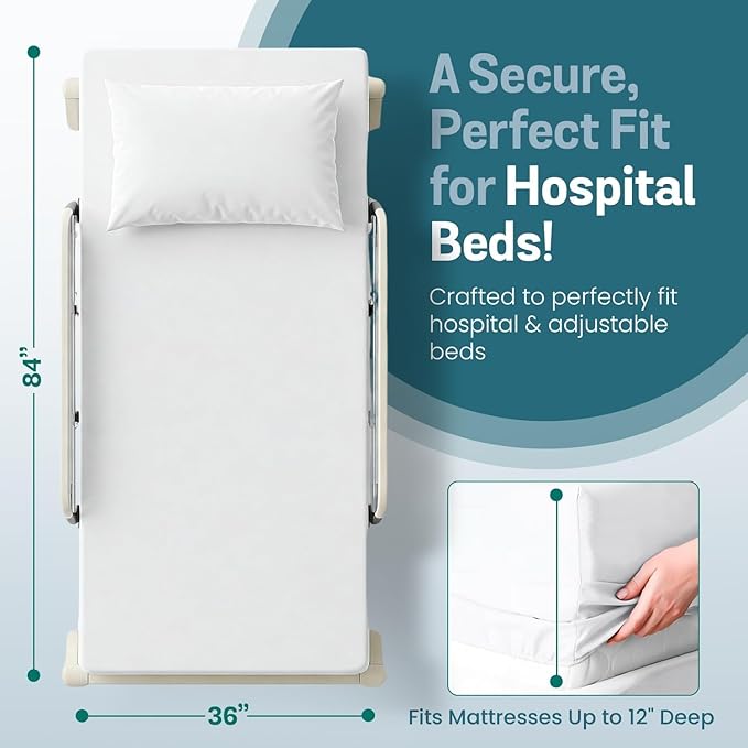 2 Pack Fitted Hospital Bed Sheets with Elastic All Around for a Double Brushed Ultra Soft Breathable 100% Microfiber Sheets, 36” x 84” x 12”
