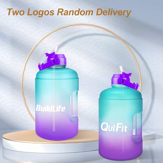 QuiFit 1 Gallon Water Bottle - with Straw & Motivational Time Marker Leak-Proof BPA Free Reusable Gym Sports Outdoor Large(128OZ/73OZ) Capacity Water Jug