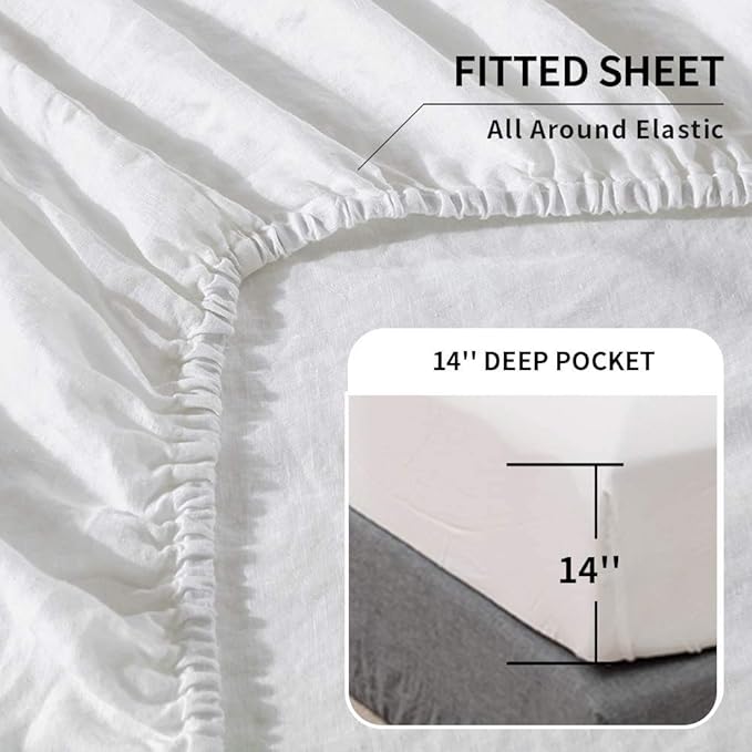 Simple&Opulence Belgian Linen Sheet Set Solid Color - Sheet Set 4PC - Cal King Natural Flax Cotton Blend Soft Bedding Breathable Farmhouse - White, California King