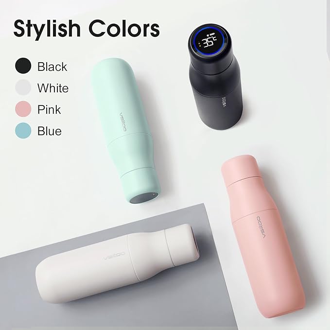 VSITOO 14.8oz Mini Smart Self-Cleaning Water Bottle，Small Insulated Stainless Steel Thermoses with AI Self-Clean, 30-Day Battery & Magnetic Charging for Travel, Gym, Office or Purse, Blue