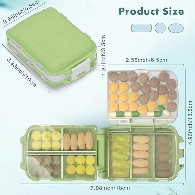 1Pc Green Travel Pill Case Pill Container, Three-Layer 8 Compartments Pill Case Holder, Portable Pill Box Small Organizer for Family Office, Personal Dispensers, Medication Aids