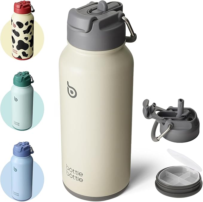 BOTTLE BOTTLE 32oz Insulated Water Bottle Stainless Steel Sport Water Bottle with Straw Dual-use Lid Design for Gym with Pill Box
