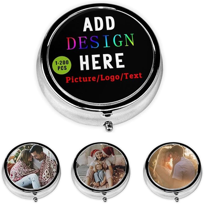 Custom Pill Box with 2 Compartment, Personalized Photo Text Logo Name Travel Small Pill Case, Customized Portable Metal Medicine Container Vitamin Organizer, Round