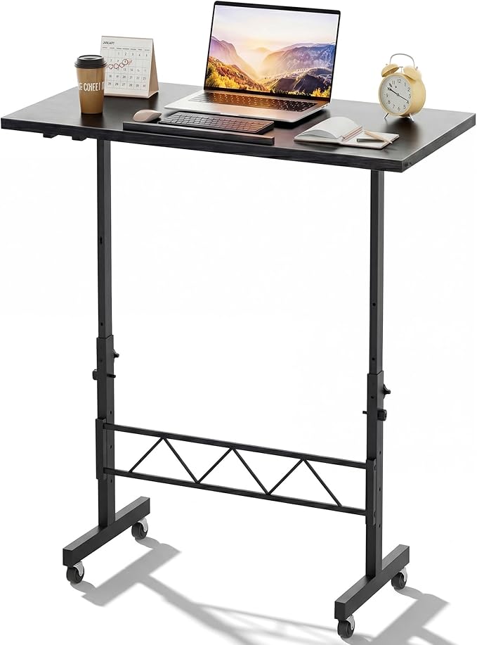 GTPLAYER Small Standing Desk Adjustable Height, 30.7"-46.4" Portable Computer Table Mobile Desk Workstation Stand Up Desk with Wheels Compact Rolling Table for Home Work Treadmill Walking Pad Black