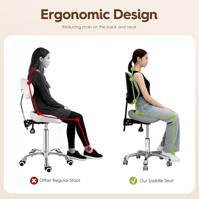 Saddle Stool Rolling Chair for Medical Massage Salon Kitchen Spa Drafting,Adjustable Hydraulic Stool with Wheels (Grey, with Backrest)