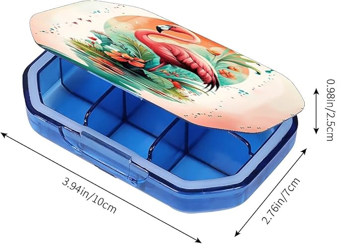 This Portable Flamingo Flower Pattern 6 Compartment Pill Box Can Be Placed in A Pocket Or Wallet to Store Vitamins, Medicines Health Supplements Other Medications.