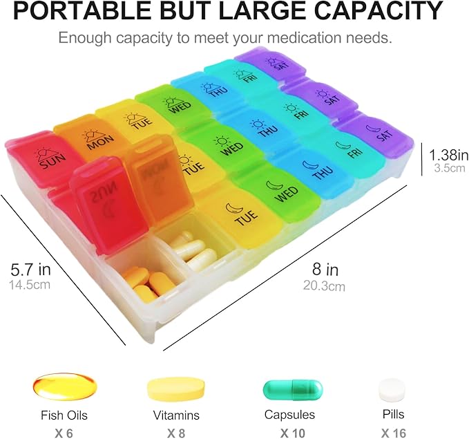 Extra Large Weekly Pill Organizer 8 Day x 7 Compartments per Day dust-Proof Design Pill Box Pill Cases by Week, Pill Dispenser Container to Hold Vitamins Fish Oil (21 Days, 3 Weeks)