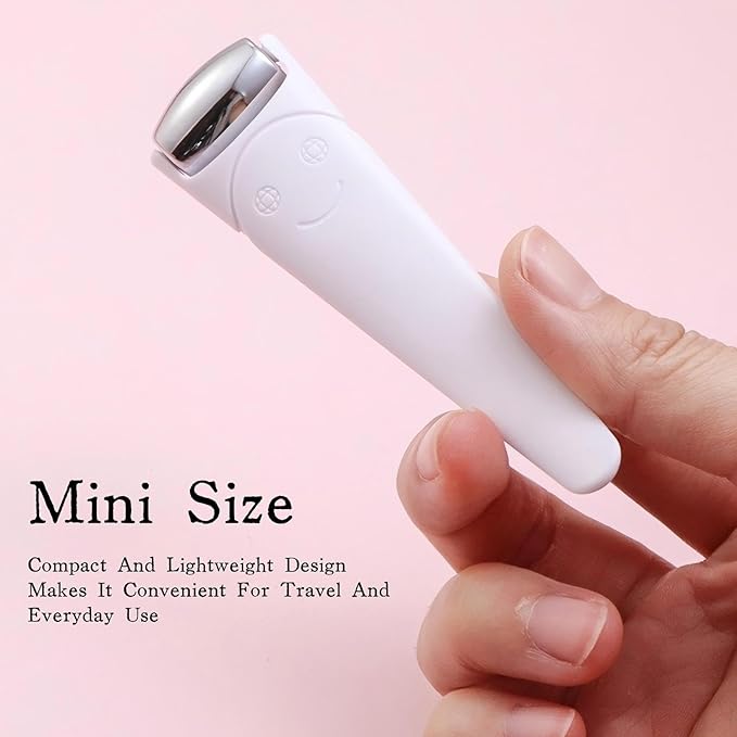 Mini Ice Roller for Face and Eyes, Portable Stainless Steel Facial Massage Tool with Cream Spoon for Travel, Dark Circles and Puffiness Relief, White