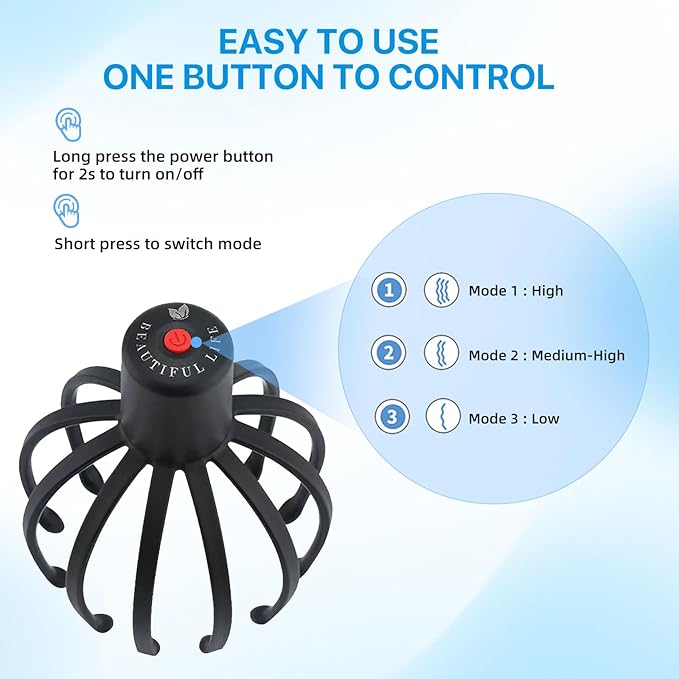 Head Massager Scalp Electric with 3 Modes, 360 Degree Head Massager Cordless Portable, Head Scratcher for Stress Relax