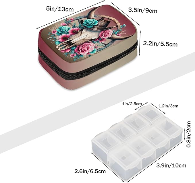 Western Cowboy Skull Pill Case Travel Pill Organizer Weekly 7 Day Portable with Zipper Medicine Box Pill Case for Vitamins, Birth Control,Fish Oils,Medication, Supplements