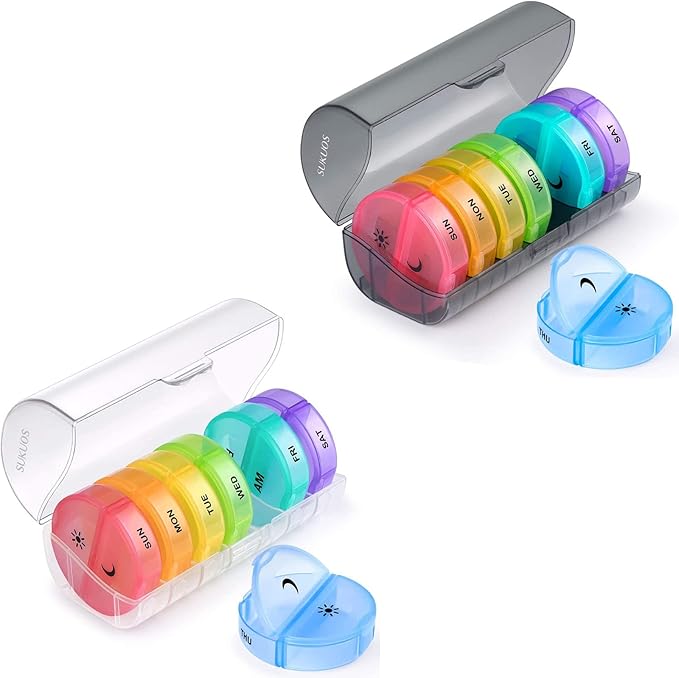 Sukuos 2 Pack Weekly Pill Organizer 7 Day 2 Times a Day, Large Daily Pill Cases for Pills/Vitamin/Fish Oil/Supplements