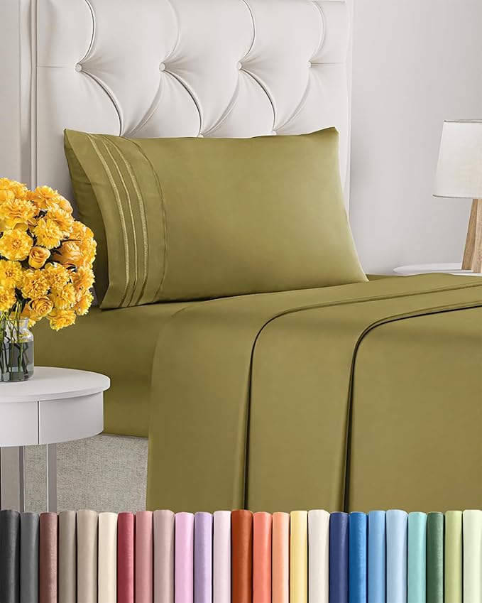 Twin XL Size 3-Piece Sheet Set - Extra Soft, Breathable & Cooling - Hotel Luxury Durable Bed Sheets for Women & Men - Deep Pockets, Easy-Fit & Wrinkle-Free - Olive Yellow Oeko-Tex