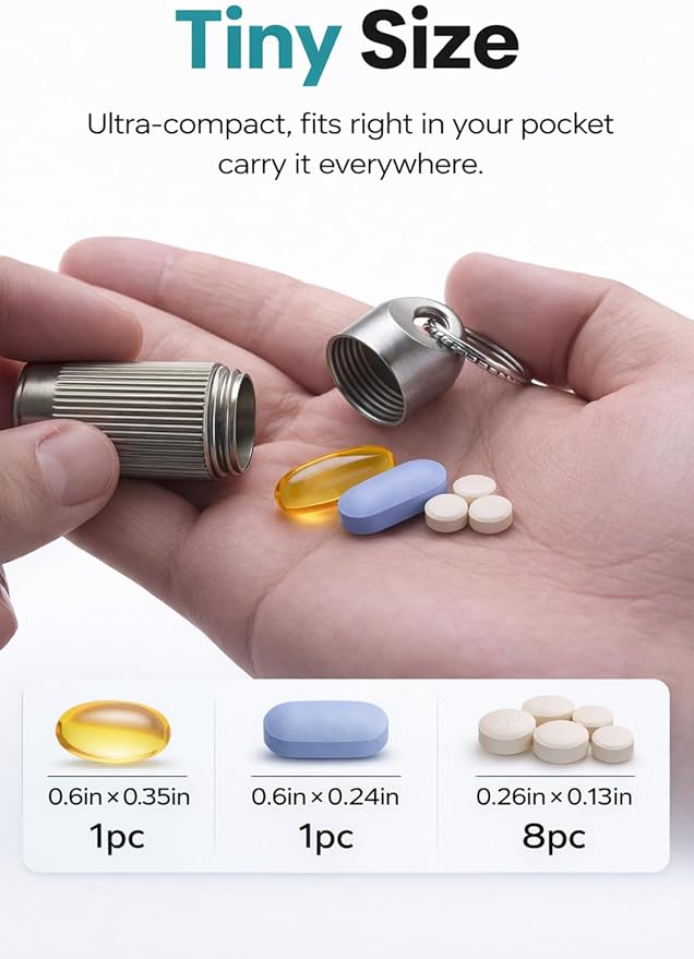 Keychain Pill Holder, Titanium Keychain Pill Case, Durable Small Pill Case Keychain, Waterproof Keychain Pill Holder Organizer Pocket Mini Pill Bottle Key Ring - Tiny