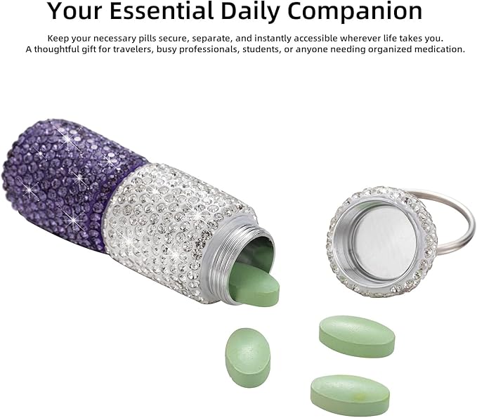 Dual-Compartment Small Pill Holder Keychain Bling Pill Container with Key Chain Travel Pill Organizer Medicine Box for Women (White+Purple)