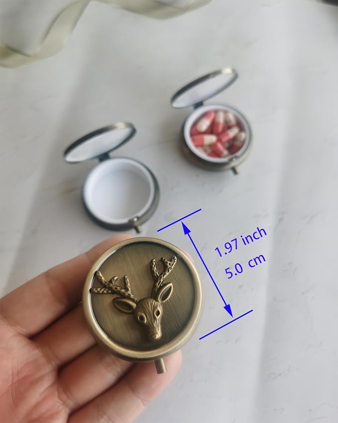 Antique Pill Box Travel Pill Case - Cute Daily Pill Organizer Small Pill Box for Purse, Mini Pocket Pill Case, Round Metal Pill Organizer (Deer)