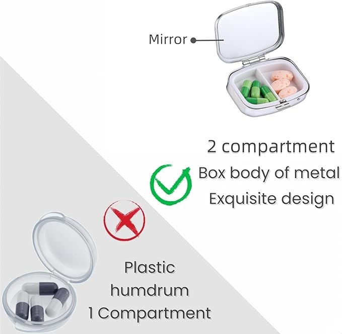 Metal 2 Compartment Square Pill Organizer Sealed Travel Pill Container, Mini Size Pill Box for Pocket Wallets Two Times a Day Compact Pill Case for Children, Men and Woman - Cute Flower Cat