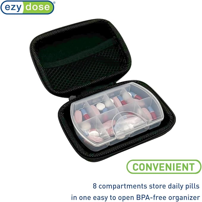 EZY DOSE Hard Sided Pocket Pharmacy Pill Case, Features Zippered Pouch, Easy to Use Design, Portable and Perfect for Daily Usage, 8-Comparments, BPA Free, Black