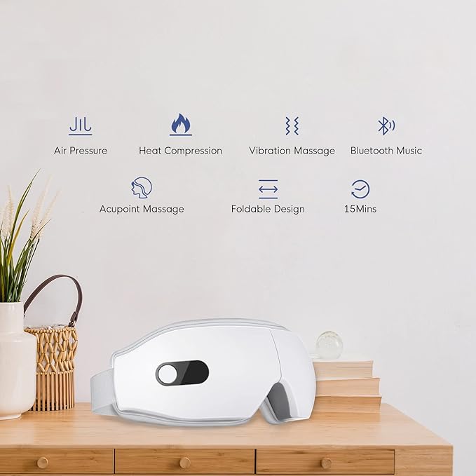 NOWWISH Eye Massager with Heat, Vibration and Bluetooth Music for Migraine Headache Relief, Cordless Heated Eye Mask with 6 Massage Modes, Relaxation -Mothers Day Gifts for Mom Wife -White