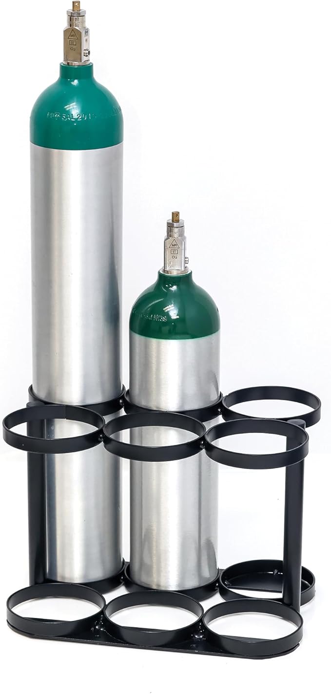 AireMed Oxygen Tank Holder – Holds (6) E, D or M9/C Size Tanks - Heavy-Duty Oxygen Cylinder Rack for Storage and Transportation – Floor Mountable Oxygen Rack – Stylish Black Frame - 4.5" Diameter