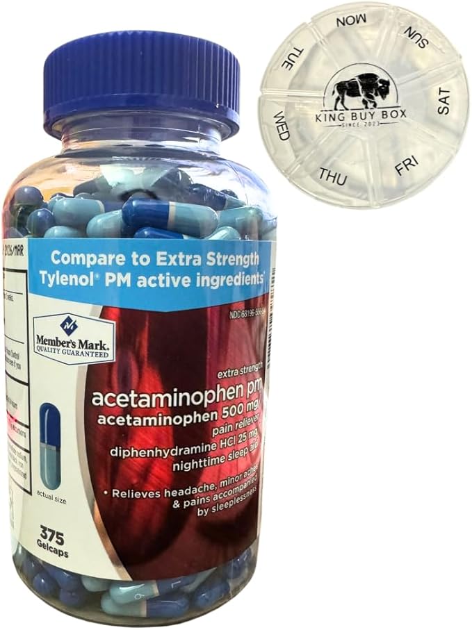 Pill Box KING BUY BOX (Color May Vary) Bundled with Acetaminophen PM Rapid Release Gelcaps, 375 ct.