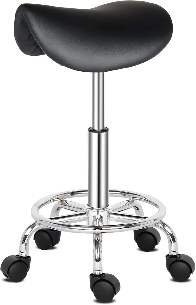 Round Rolling Bar Stool PU Leather with Wheels and Foot Rest, Height Adjustable Task Work Chair for Salon Spa Office Chairs