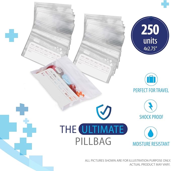 Deke Home - 250 Pack Clear Resealable Pill Bags (4x2.75 in), Travel Medicine Pouches with Write-On Label, BPA-Free Disposable Pill Organizer for Medications, Vitamins & Supplements