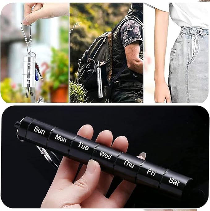 Tvoip Portable Pill Case Keychain Waterproof 7 Days Pill Holder Travel Pill Container Portable Medicine Keychain Daily Airtight Pill Organizer for Outdoor Camping Travel (Black)