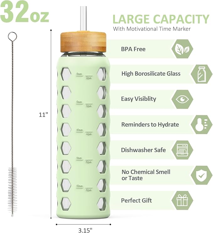 MUKOKO Glass Water Bottles,32oz Glass Tumbler with Straw,Drinking Bottles with 2 Lids-Handle Spout Lid&Bamboo Straw Lid,Motivational Water Bottle with Time Marker and Silicone Sleeve,1 Pack-Mustard