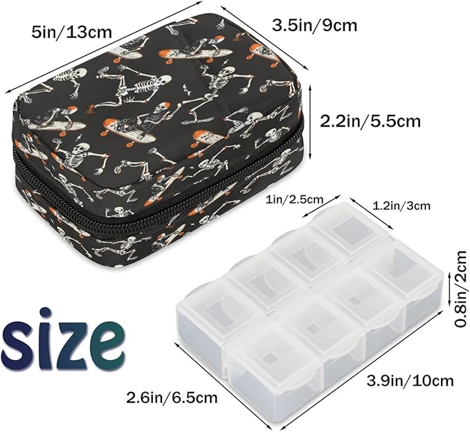 Funny Halloween Skateboard Skeleton Travel Pill Organizer Box Weekly Portable Pill Case Daily Pills 7 Day Small Birth Control Pills Container Removable Compartments for Medicine Vitamins Fish Oil