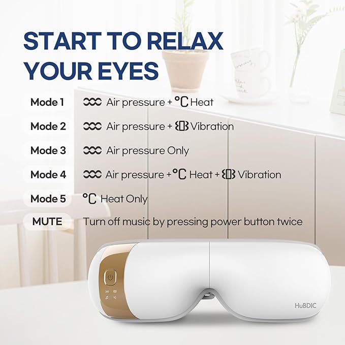 HubiCare Eye Massager with Heat, Vibration, and Music Helps Relieve Strain, Dark Circles, Dryness, and for Migraine Relief Relaxation and Better Sleep Valentines Day Gifts for Women/Men (White)
