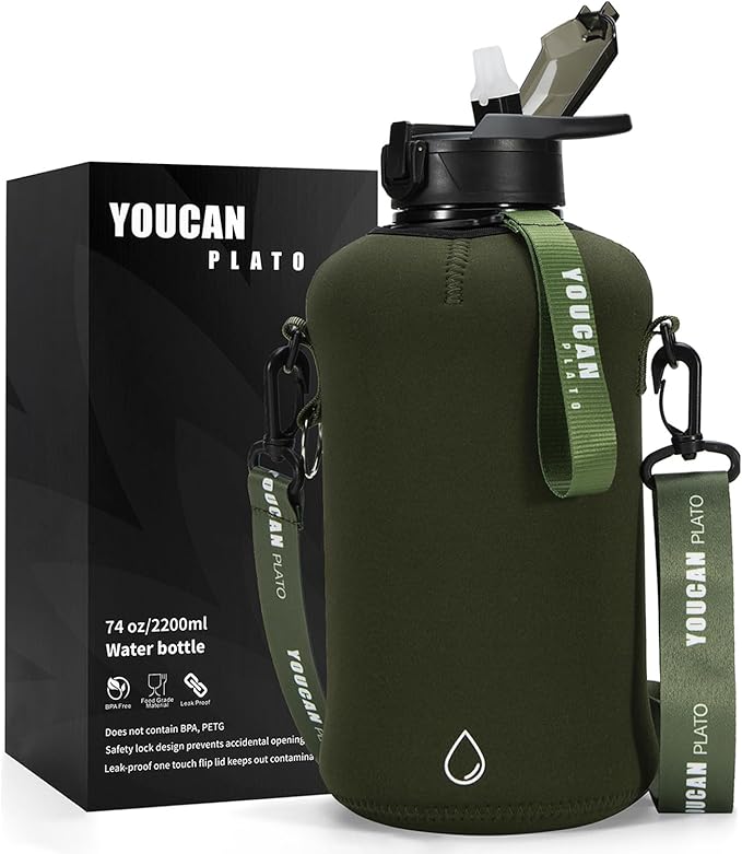 youcanplato 74 oz Half Gallon Water Bottle with Sleeve-Large Water Bottle -Big Gym Water Bottle for Man or Women with Straw- Water Jug with Handle -BPA Free- Leakproof, Workout bottle,Army Green