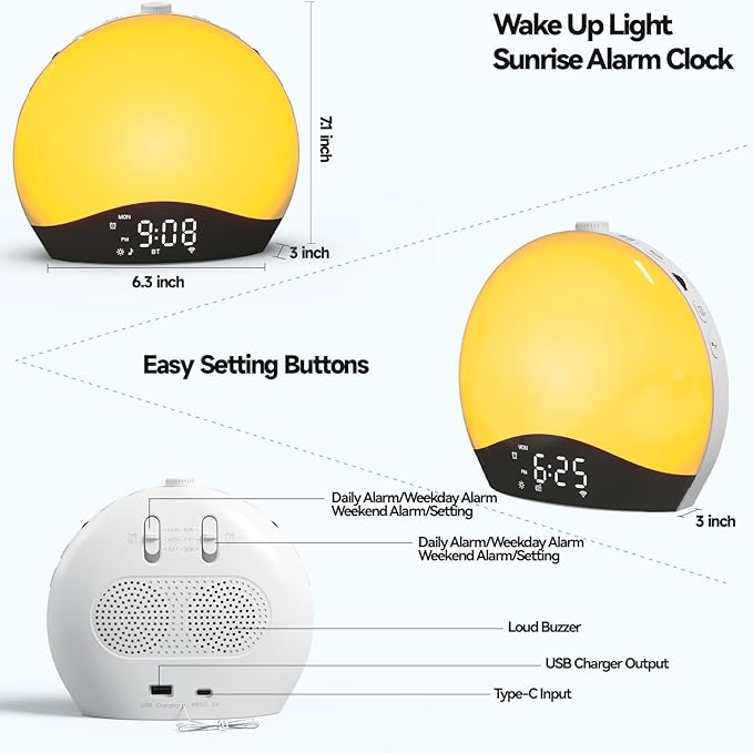 Sunrise Alarm Clock Wake Up Light, Kids Hatch Alarm Clock, Bluetooth White Noise Machine with 22 Soothing Sounds, 17 Color Night Lights, Sunrise Simulation, Dual Alarms, FM Radio, Snooze, Ideal Gift