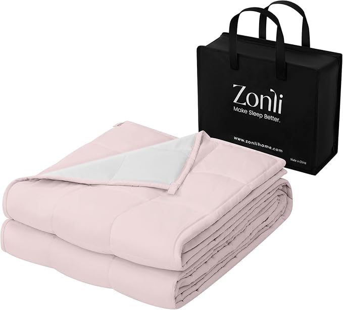 ZonLi Weighted Blanket for Adults(48"x72",12lbs, Pink/Light Grey) Twin Size High Breathability Cooling Heavy Blanket, Soft Material with Premium Glass Beads,All-Season.