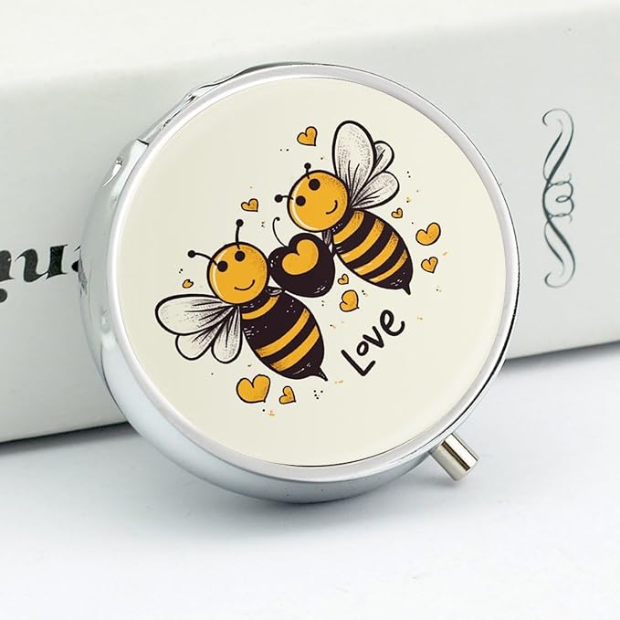 Bee Love Honey Pill Box Travel Pill Case for Purse Pocket Weekly Medicine Organizer with Mirror 3 Compartment Round Medicine Case Portable PillcaseHolder for Daily