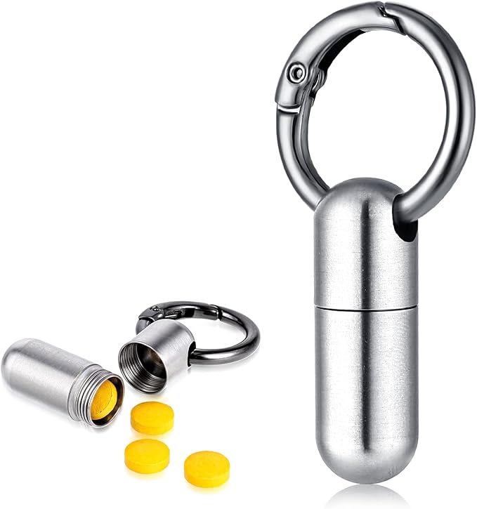 Small Pill Case Keychain Portable Waterproof Titanium Pocket Pill Organizer Tiny Pill Holder Bottle Carabiner Clip Pill Holder Bottle for Outdoor Camping Travel Purse