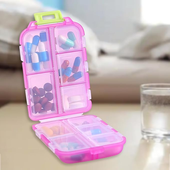 Travel Pill Organizer Portable Pocket Pill Case Small Pill Box for Purse Medicine Organizer Have 10 Compartments Storage Vitamin Fish Oil by INVODA (Pink)