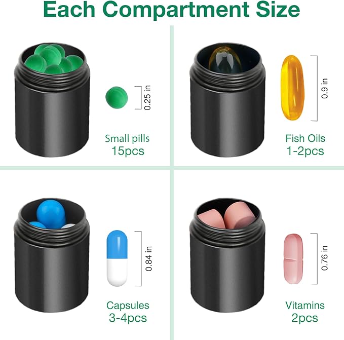 Opret 2 Pack Keychain Pill Holder, 3 Compartments Metal Small Pill Case, Waterproof Portable Travel Pill Box, Pill Container for Purse, Matte Black & Silver
