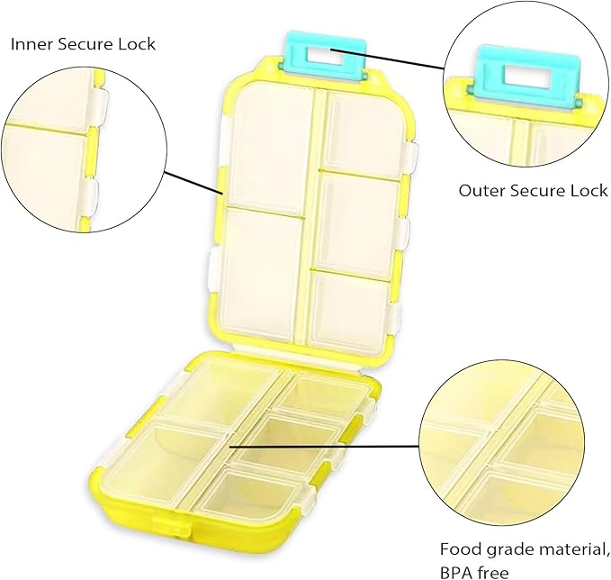 Travel Pill Organizer Portable Pocket Pill Case Small Pill Box for Purse Medicine Organizer Have 10 Compartments Storage Vitamin Fish Oil by INVODA (Yellow)