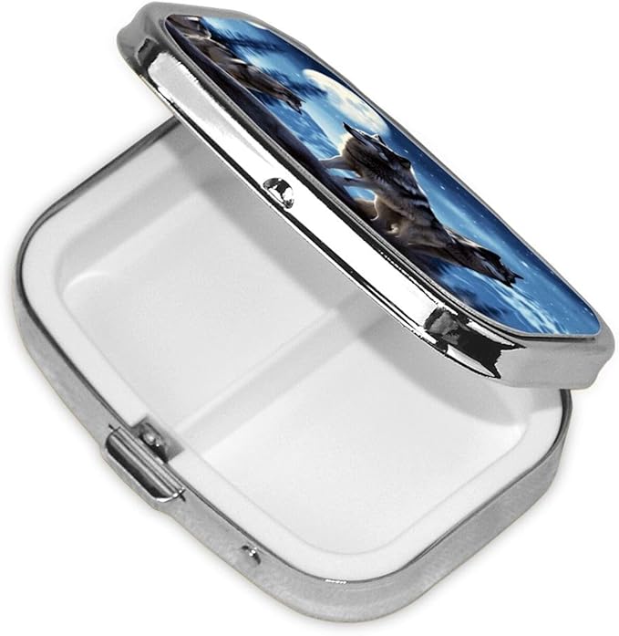 Square Pill Box 2 Compartment Medicine Pill Case Wolfs Pill Box for Purse Pocket Waterproof Metal Pill Container Portable Pill Holder Mini Pill Organizer for Travel or Daily