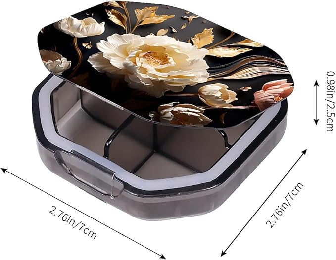 This Portable 3D White Peony Pattern 4 Compartment Pill Box Can Be Placed in A Pocket Or Wallet to Store Vitamins, Medicines Health Supplements Other Medications.