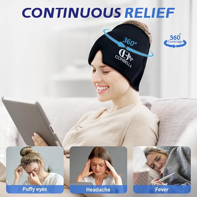 Migraine Relief Cap, Soothing Headache Ice Face Mask Products, Hot and Cold Therapy, Migraine Headache Relief Cap for Migraine, Sinus, Puffy Eyes, Tension, Stress and Hangover(Black)