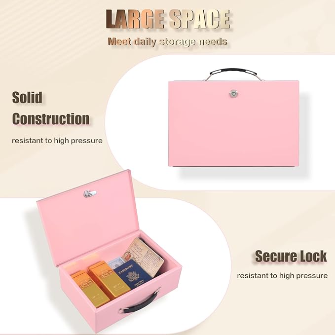 xydled Fire Resistant Safe Fire Safe Box with Key Lock for Home Office Security Storage for Valuables Documents,12.8 x 8.5 x 4.5 Inch,Pink