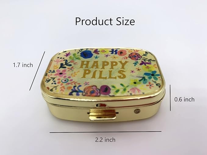 Happy Pills Pill Organizer Cute Metal Pill CasePortable Compact Pill Box Pill Container to Hold Tylenol/Vitamins/Fish Oil/Supplements/Meds/Tablet for Purse/Pocket(Upgraded with Mirror)