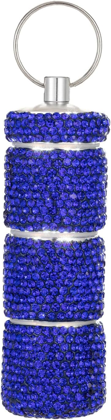 Keychain Pill Holder Box Travel Small Pill Case Bling Portable Purse Medicine Case Container Metal Pill Organizer Fob for Vitamin Medicine（Dark Blue