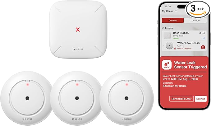 X-Sense Wi-Fi Water Leak Detector, Smart Water Sensor Alarm, Water Detector Alarm with 1700 ft Transmission Range for Kitchens, Basements, Bathrooms, 3 Water Detectors & 1 Base Station, Model SWS54
