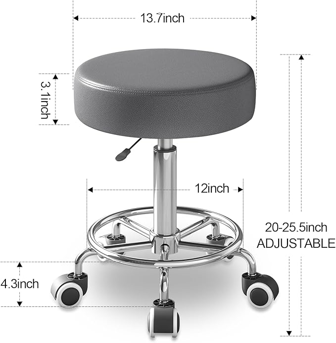 Rolling Stool, Heavy Weight Capacity 250lb, PU Leather Rolling stools, Ultra Soft Padded Seat, Rolling Stools with Wheels and Footrest, 360° Swivel, Spa Drawing Salon Work Office Tattoo Stool (Grey)