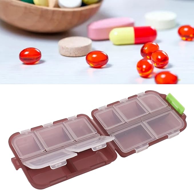 Travel Pill Organizer, Plastic 10 Compartments Pill Case Portable Pill Box Buckle Lock Weekly Portable Pill Holder Container for Purse (Purple)
